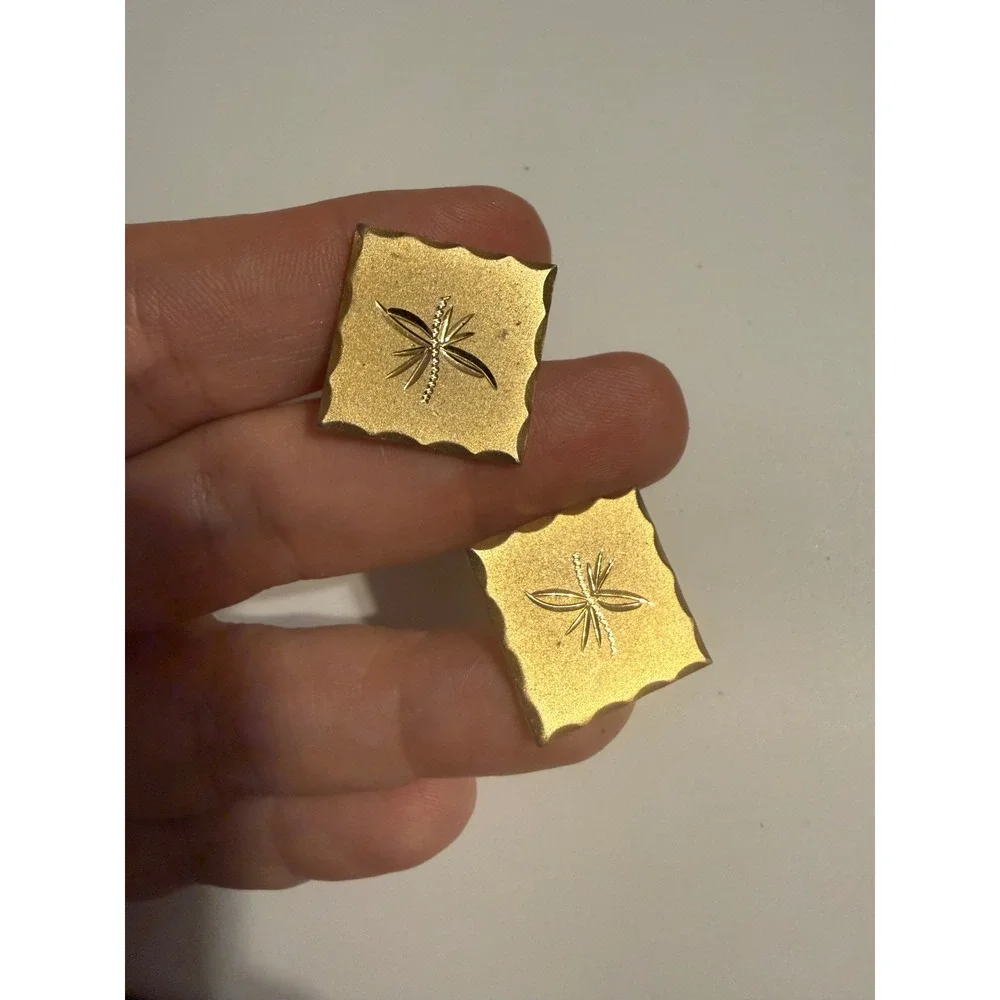 Vintage Gold Tone Scalloped Square Starburst Etched Cufflinks Mid Century Modern
